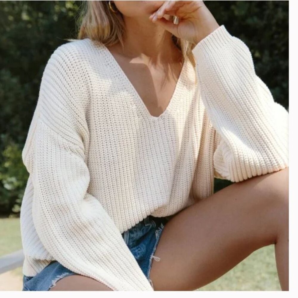 Jenni Kayne Cropped Cotton Cabin Knit V Neck Sweater Ivory Relaxed Fit Sz XS